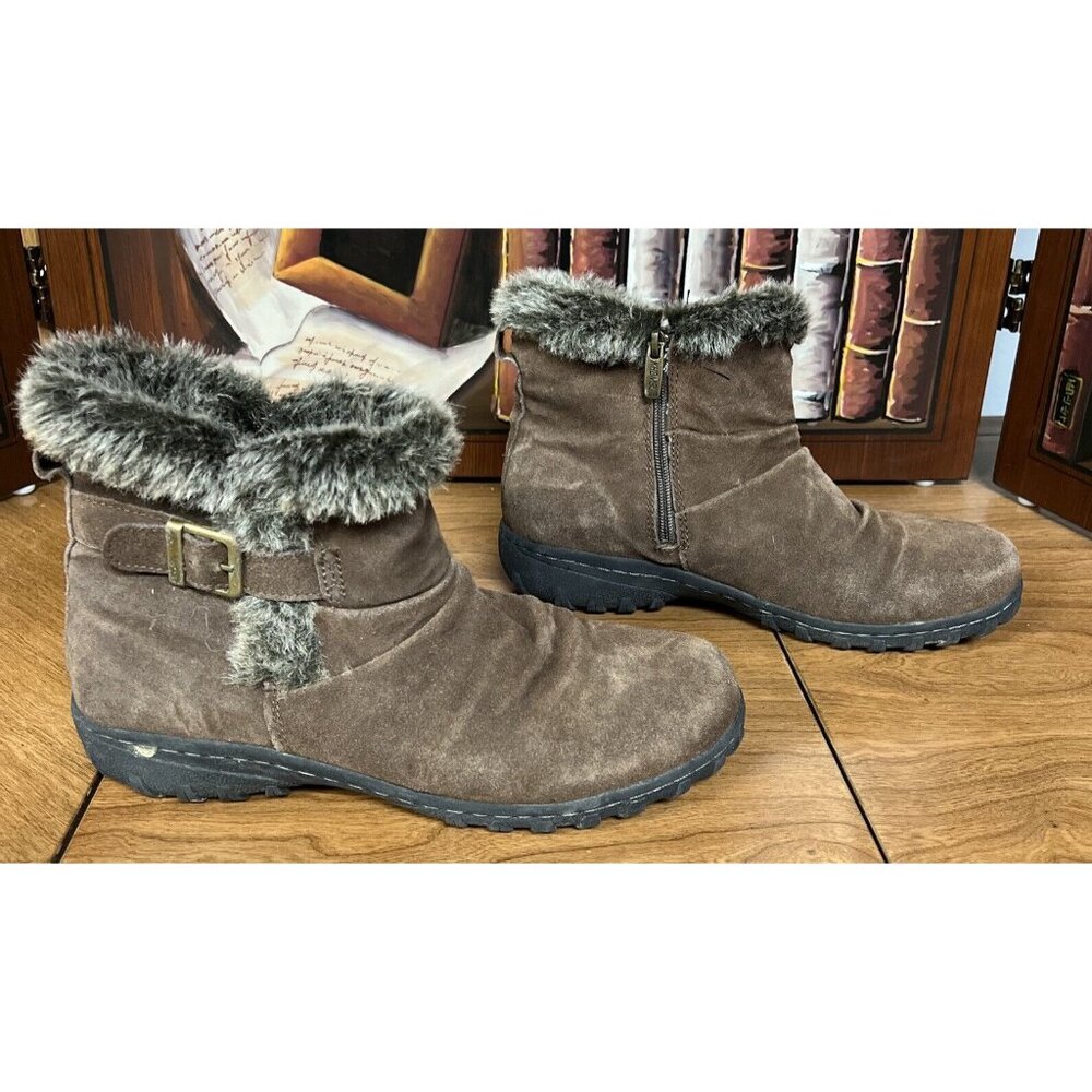 Brown Faux Suede Fur-Lined Ankle Boots Buckle Detail & Side Zipper Size 9